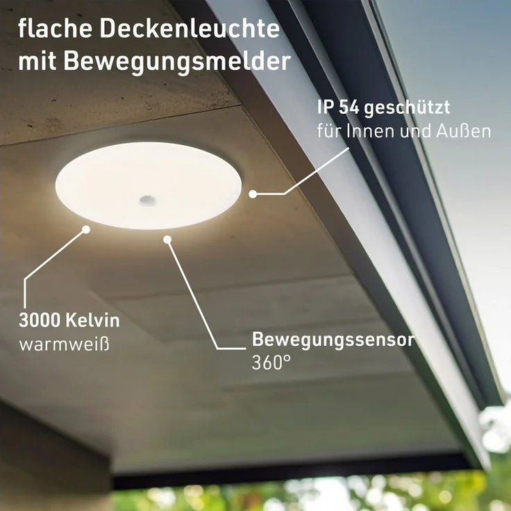 Oktaplex lighting LED Deckenleuchte Orta Deckenampe mit Bewegungsmelder 360 Grad, Bewegungsmelder, inklusive Leuchtmittel, warmweiß, 3000K Leuchte 26cm 1150lm weiß – Bild 2