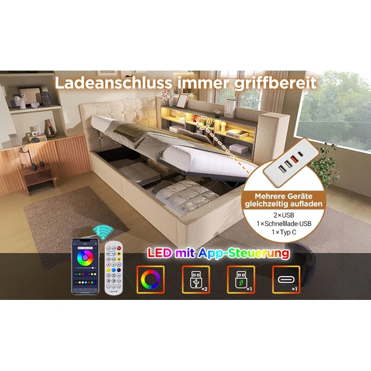 U-life Polsterbett Doppelbett 140x200 cm, hydraulischer Stauraum, L-förmigem, Beidseitig montierbar, Lattenrost, Leinen, Beige – Bild 4