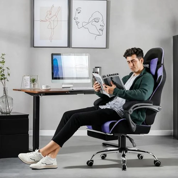 GTPLAYER Gaming Stuhl, Bürostuhl, Ergonomischer Pc Stuhl, Gaming Sessel mit Massagelendenwirbelstütze, Task Stühle mit Fußstütze und Kopfstütze, Lila Stoff – Bild 3