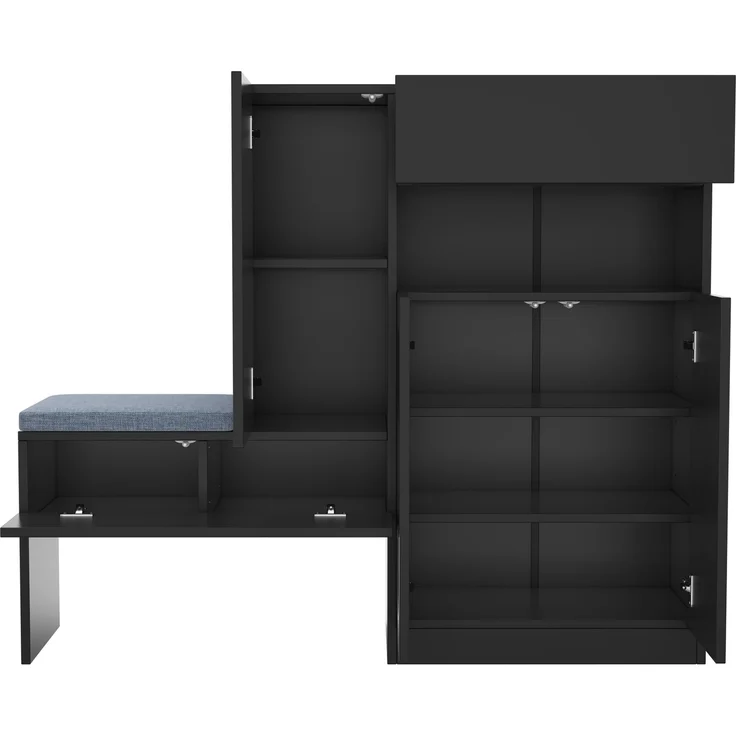 Trendiger 2-in-1 Schuhschrank mit gewölbten Türen – Klapptür mit Soft-Close-Funktion, höhenverstellbaren Fächern und gepolsterter Sitzbank, Schwarz, 130×35×110cm – Bild 6