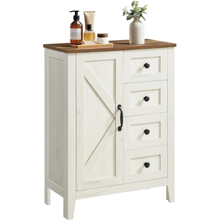 VASAGLE Aufbewahrungsschrank, LIRY Kollektion, im Landhausstil, mit 4 Schubladen, Tür, verstellbare Ablage, Holz Vintageweiß, 30 x 60 x 80 cm