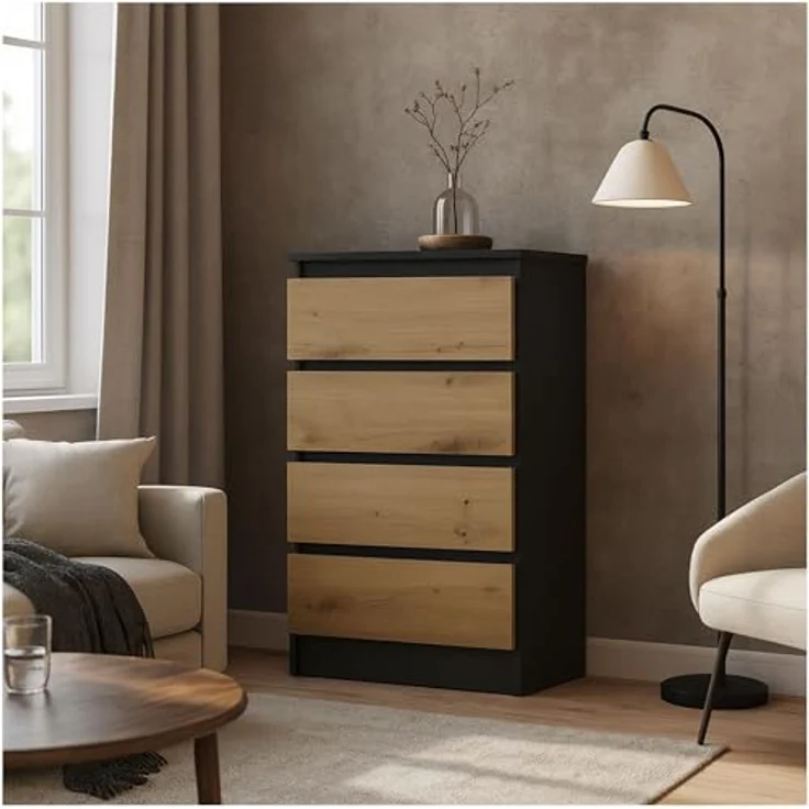 CDF Kommode Anthrazit Artisan mit 4 Schubladen 97 cm Hoch Sideboard Schmale Komode Schlafzimmerkommode für Flur Büro Schlafzimmer Wohnzimmer Schubladenschrank Regal mit Schubladen Schrank Möbelstück – Bild 9