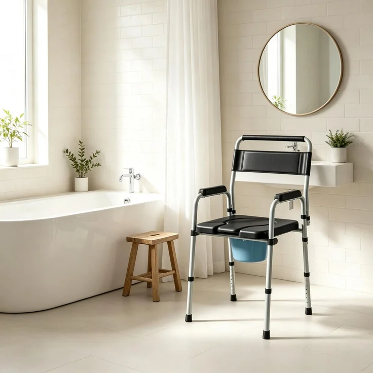 Klappbarer Toilettenstuhl mit Armlehnen und Rückenlehne,Tragbarer Sanitärstuhl,Klappbarer Toilettenstuhl,Höhenverstellbarer Toilettenstuhl als Duschhilfe(nur mit 1pcs Toilettenstuhl)--Schwarz--52.5x46x97cm--YOUDENOVA – Bild 2