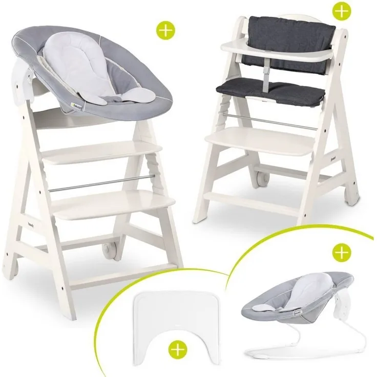Hauck Hochstuhl Beta Plus White - Newborn Set, Babystuhl ab Geburt inkl. Aufsatz für Neugeborene, Tisch, Sitzauflage