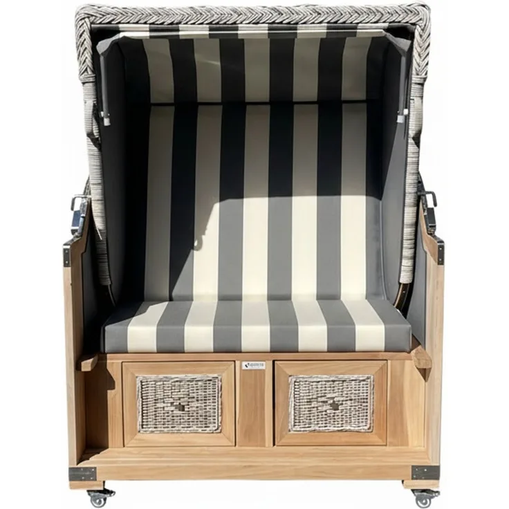 Strandkorb Teak grau/creme Stoff 2 Sitzer Vollliegemodell BASIC Modell