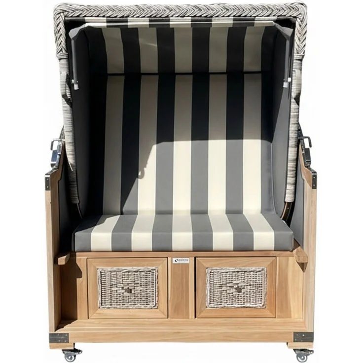 Strandkorb Teak grau/creme Stoff 2 Sitzer Vollliegemodell BASIC Modell – Bild 1