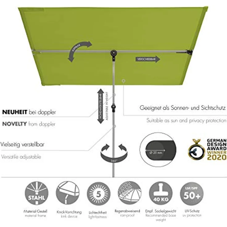 Doppler Balkonschirm rechteckig 127 cm x 177 cm, grün mit Handöffner und UV-Schutz 50+ – Bild 2