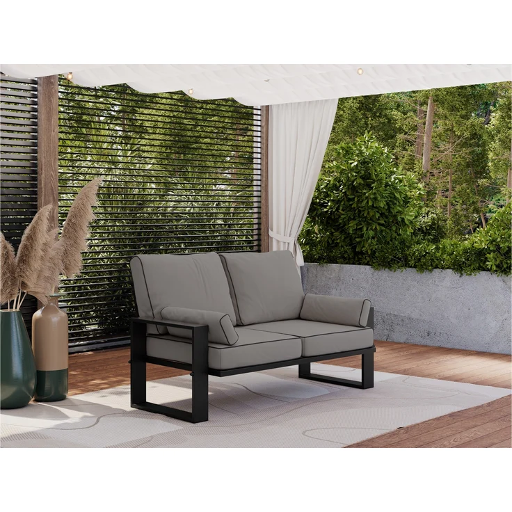Outdoor 2-Sitzer Gartensofa, schwarze Metallbeine, Gartensofa für die Terrasse - ELBA S2 - grau – Bild 2