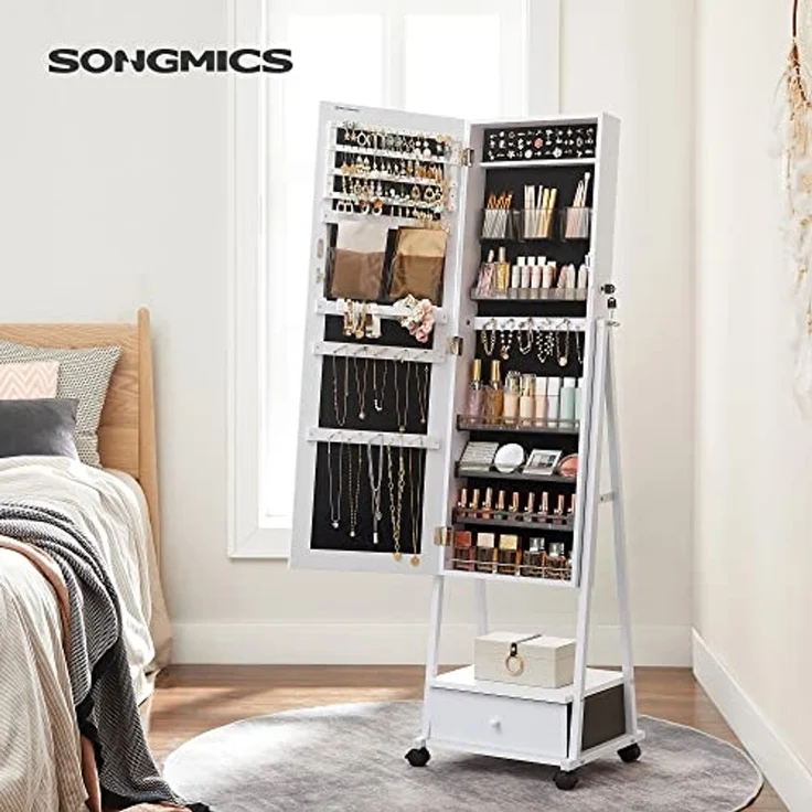 Songmics Schmuckschrank, Ganzkörperspiegel, Spiegelschrank, abschließbarer Schmuckorganizer mit Schublade, Rollen, 41,5 x 37 x 152,5 cm, Weiß – Bild 2
