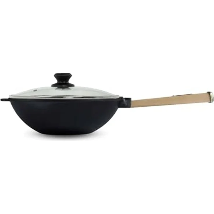 Wok Bratpfanne Ø26 cm 2,8 L aus Gusseisen mit Holzgriff Glasdeckel Asia Wokpfanne Induktion – Bild 2