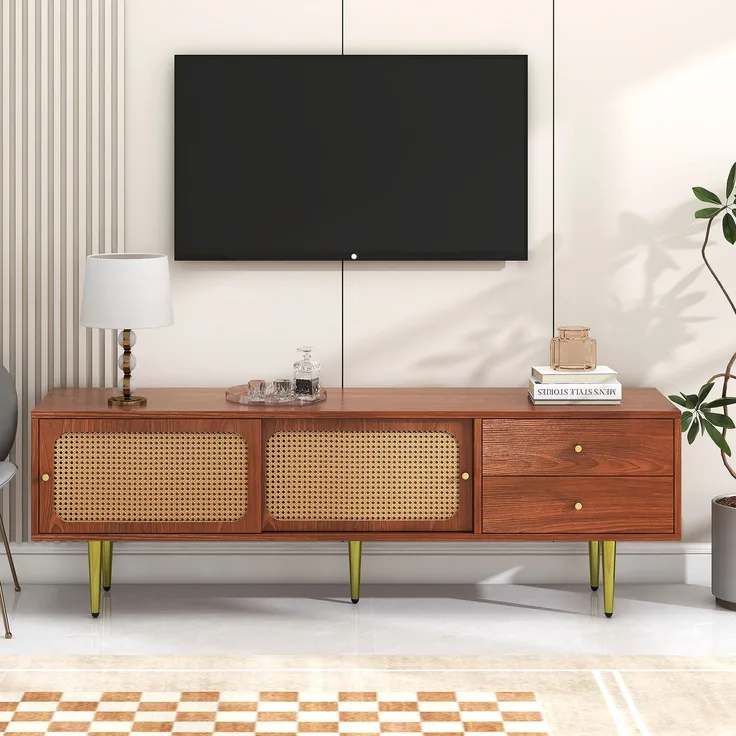 TV-Schrank, mit Rattan-Schiebetüren, 2 Schubladen, verstellbaren Böden & Metallfüßen, 160x40x60 cm, Walnuss