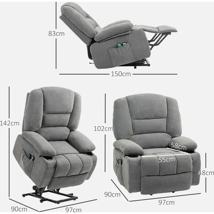 Wohnora-Elektrischer Relaxsessel mit Aufstehhilfe, Massagesessel mit Wärmefunktionen, 2 Fernbedienungen, weicher Schaumstoff,H 1020cm x T 970cm x B 900cm,Dunkelgrau – Bild 4