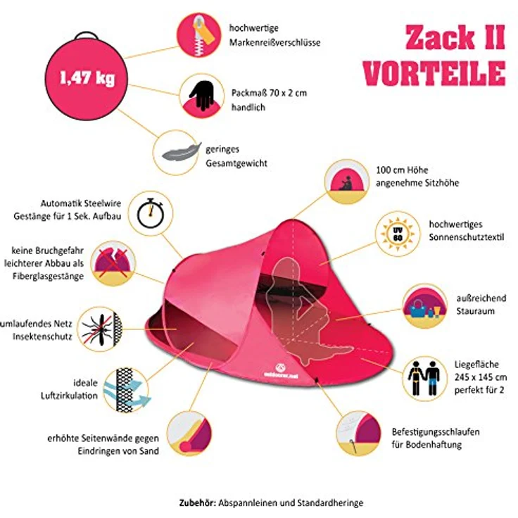 outdoorer Wurfmuschel Zack II pink - große Strandmuschel, Popup Strandzelt mit UV Schutz 60 – Bild 2