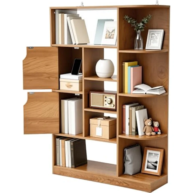 YITAHOME Freistehendes Bücherregal mit 9 offenen Regalböden und 2 Türen (Stoffbezug) für Wohnzimmer, Schlafzimmer, Büro, Eichenfarbe, 80 × 24 × 120 cm (B × T × H) – Bild 9