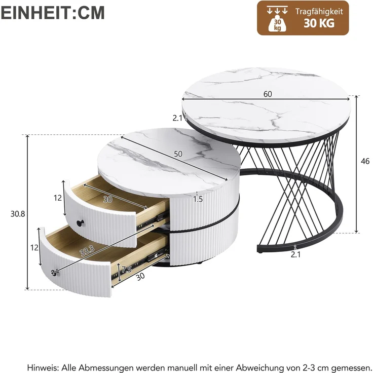 Couchtisch-Set rund, groß 60×60×46 cm und klein 50×50×31 cm, Hochglanz-Marmoroptik, MDF – Bild 9