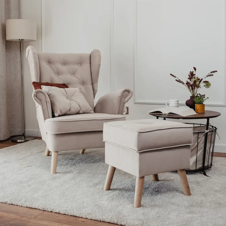 Sessel Ohrensessel ALISON inkl. Hocker in Stoff Trinity Beige