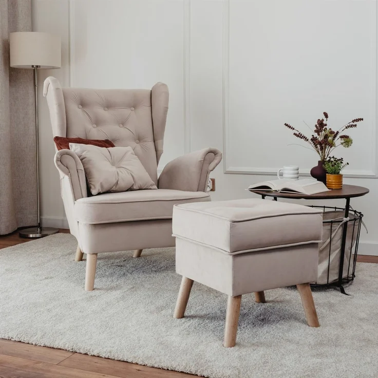 Sessel Ohrensessel ALISON inkl. Hocker in Stoff Trinity Beige – Bild 1