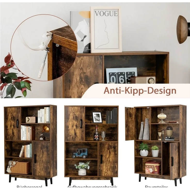 COSTWAY Bücherschrank mit 2 Türen und 4 offene Regale, Bücherregal Holz, Standregal Holzregal Aufbewahrungsregal für Wohnzimmer, Arbeitszimmer 80 x 24 x 120 cm (Kaffee) – Bild 2