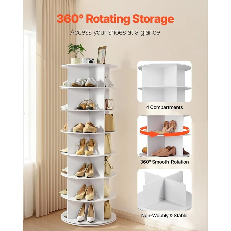 VEVOR Schuhregal Schuhschrank für 28 Paar Schuhe (7-stöckig) 360° drehbar, platzsparende Schuhaufbewahrung, Schuhablage für Schlafzimmer Wohnzimmer Eingangsbereich, Weiß 598 x 598 x 1620 mm – Bild 4