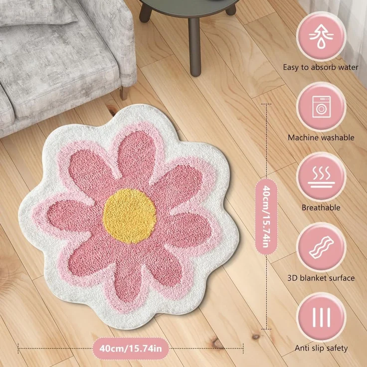 ABC Badematte mit Blumenmuster 40 x 40 cm – Weiche, rutschfeste Badematte mit hoher Saugfähigkeit; Mikrofaser-Reinigung möglich für Badezimmer, Küchen, Toiletten, Kinderzimmer und Haustierbereiche (gelb) – Bild 2