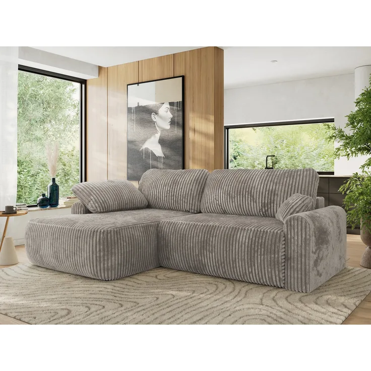 Ecksofa, L-förmiges, lose Kissen, DL-Schlaffunktion, (H 100 x T 187 x B 273 cm) - CUBO L - Cord Grau - linke Seite