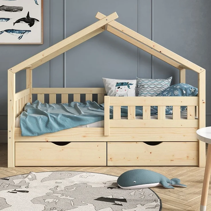 Hausbett Design Naturholz 80x160 cm mit 2 Schubladen und Matratze Vitalispa – Bild 5