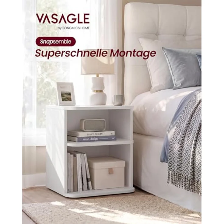 VASAGLE Nachttisch, Snapsemble – superschnelle Montage, 2er Set Beistelltisch mit 3 Ebenen, offene Ablagen, niedrig, Schlafzimmer, Wohnzimmer, kleine Räume, 30 x 35 x 45 cm, wolkenweiß LET123WE01-2J – Bild 3