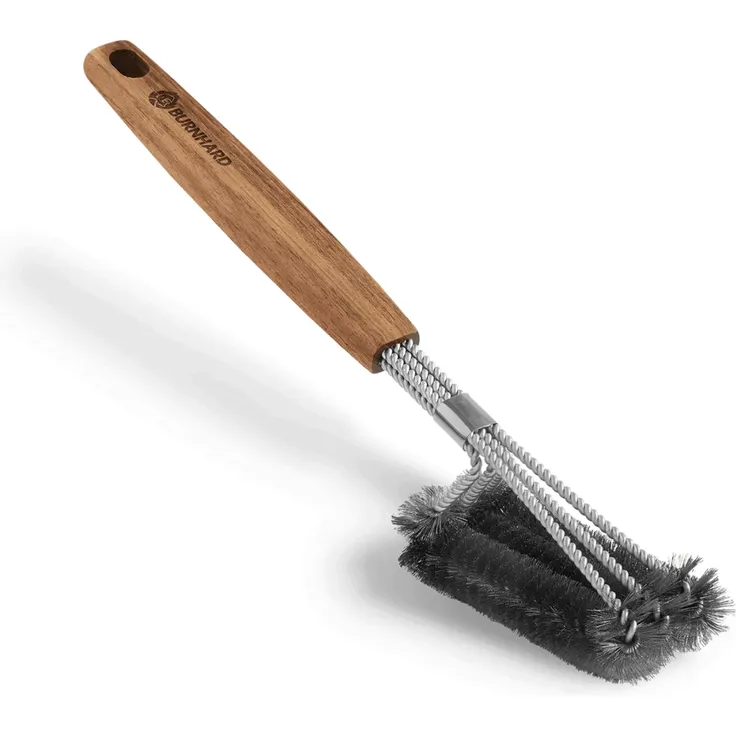 BURNHARD Grillbesteck-Set 4-tlg. 42 cm, Akazienholz Edelstahl, Grillzubehör mit Grillzange, Grillwender, Fleischgabel und Grillbürste mit extra-langen Holzgriffen und Aufhänge-Ösen, Braun – Bild 6