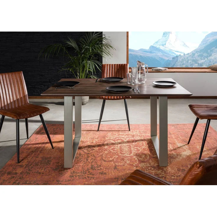 Esstisch Akazie 140x90 grau lackiert / U-Beine silber matt SWISS EDGE – Bild 3