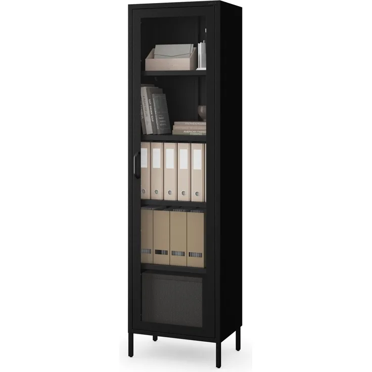 Jan Nowak 1-türiger Vitrinenschrank - Luigi - 50 x 180 x 35 cm - 4 Verstellbare Ablagen, Gehärtetes Glas, Wandmontage - Glasvitrine Stehend, Vitrine Glas, Wohmzimmerschrank Glitzernd - Schwarz