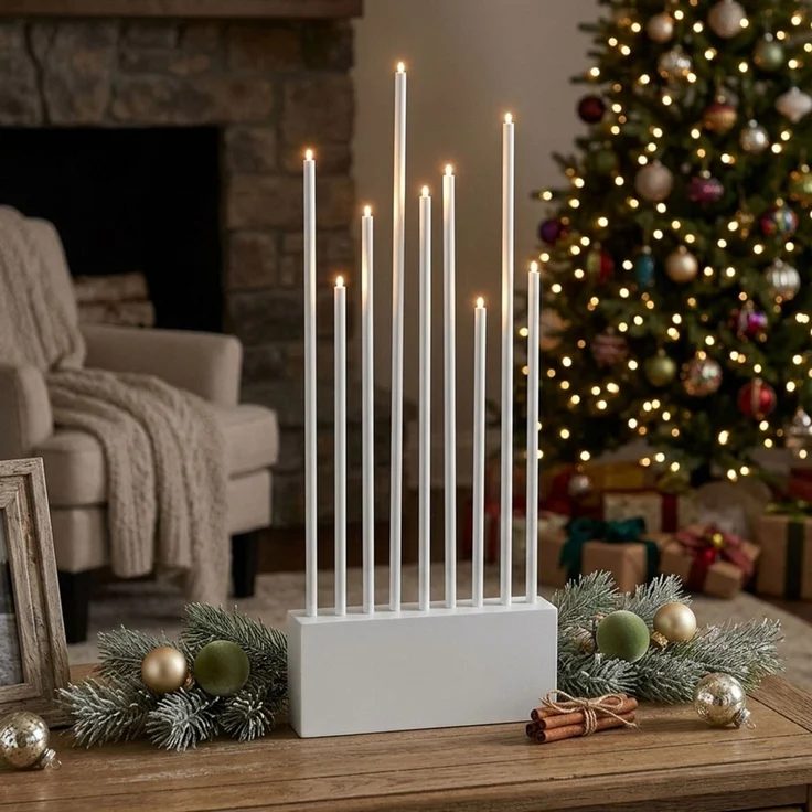 LED Kerzenständer BUZZ, Holz, Weiß, lackiert, 9-flammig, H 60 cm – Bild 3