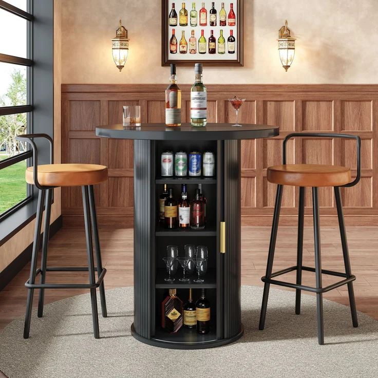 Runder Bartisch mit Stauraum, 91,6cm hoher Stehtisch mit Schrank, MDF Holzoptik, Belastbar bis 75kg, für Bar & Wohnzimmer – Bild 4
