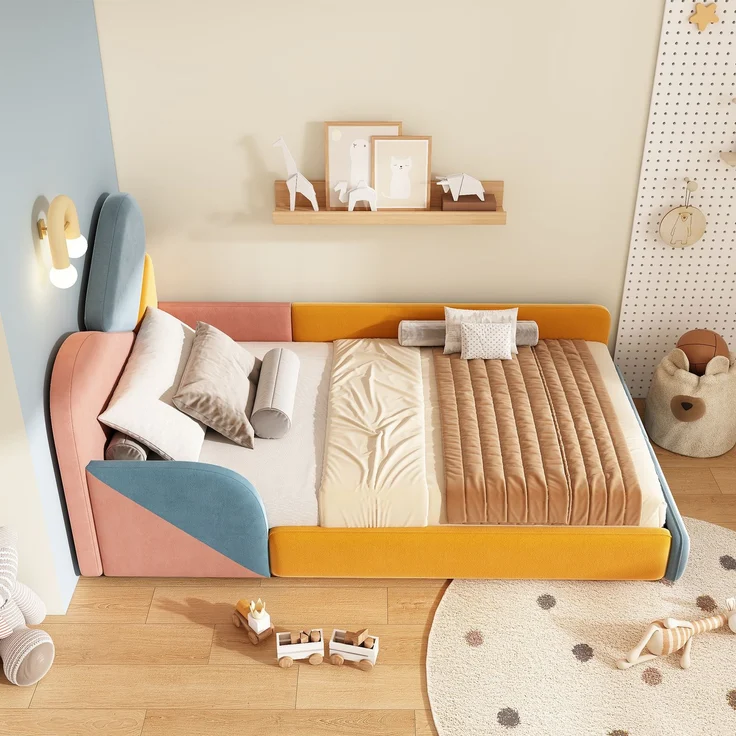 TavilaEcon Polsterbett Weiches Bodenbett mit gepolstertem Kopfteil & Fallschutz Blau+Pink+Orange Liegefläche 90 × 200 cm – Bild 3