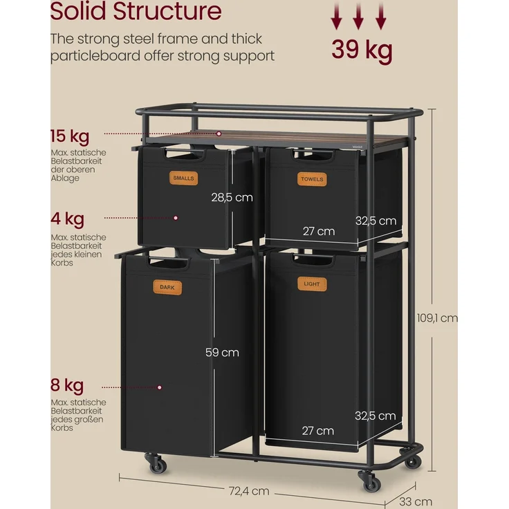 VASAGLE Wäschesortierer, Wäschetrenner mit Rädern, 150 L, Wäschekörbe, beweglicher Wäschewagen mit Ablage, 4 abnehmbare Taschen, 6 Etiketten, tintenschwarz-kastanienbraun – Bild 5