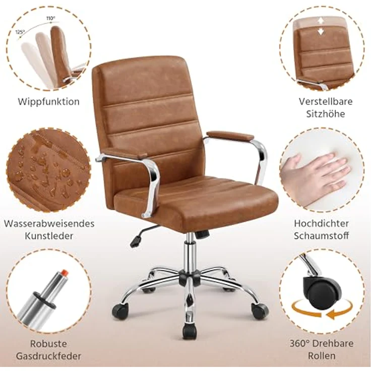 Yaheetech Bürostuhl ergonomischer Schreibtischstuhl, Drehstuhl mit Rollen, Bürohocker mit Armlehnen, Arbeitsstuhl mit Rückenlehne, Chefsessel Belastbar bis 130kg, Rostbraun – Bild 8