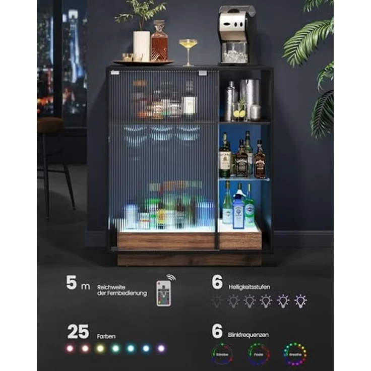 VASAGLE Weinschrank mit Beleuchtung, Sideboard mit LED, Küchenschrank für Weinflaschen, Barschrank mit Weinglashalter, geriffelte Glastür, für Wohnzimmer, ebenholzschwarz BBK361B21 – Bild 4