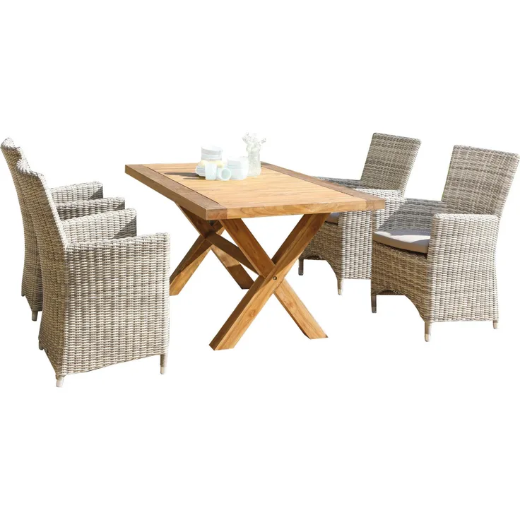 Sonnenpartner 5-teilige Sitzgruppe Ikarus & Stanford 160x90 cm Polyrattan white-coral Teakholz Garte