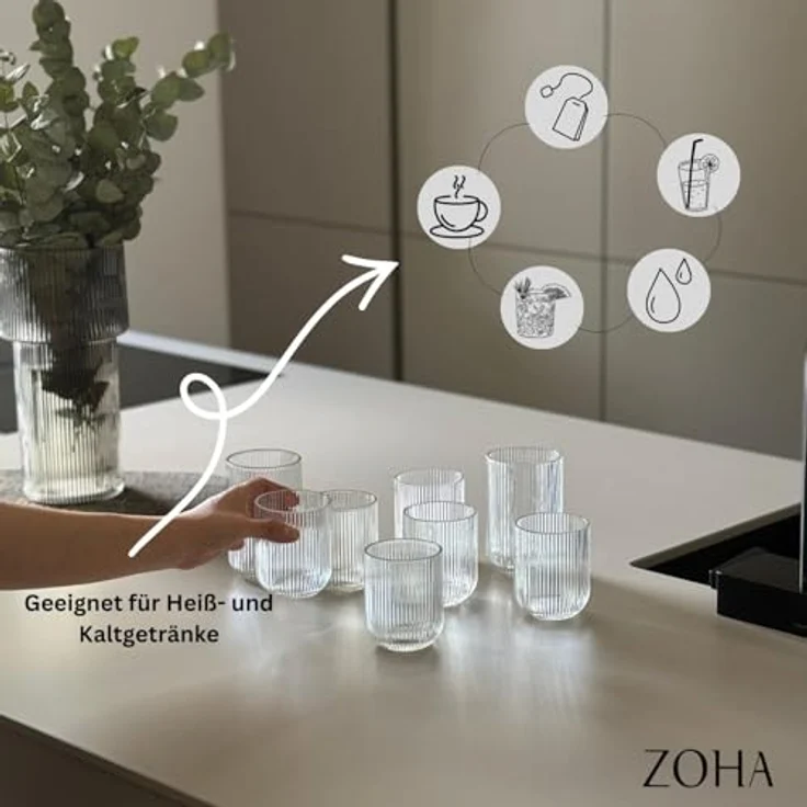 Zoha Glas Riffle Cup 400ml für Kalt- & Heißgetränke, Spülmaschinenfest, Stilvoll, 8-tlg, Borosilikatglas, hitzebeständiges Tassen Set für Kaffee, Matcha, Latte Macchiato, 8 St. – Bild 2