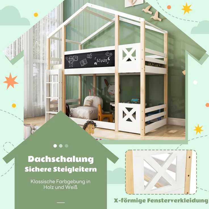 Etagenbett 90x200 cm mit Dachrahmen, Tafel & Leiter, Hochbett aus Kiefernholz, sicher & stabil, Weiß, Kinderbett – Bild 8
