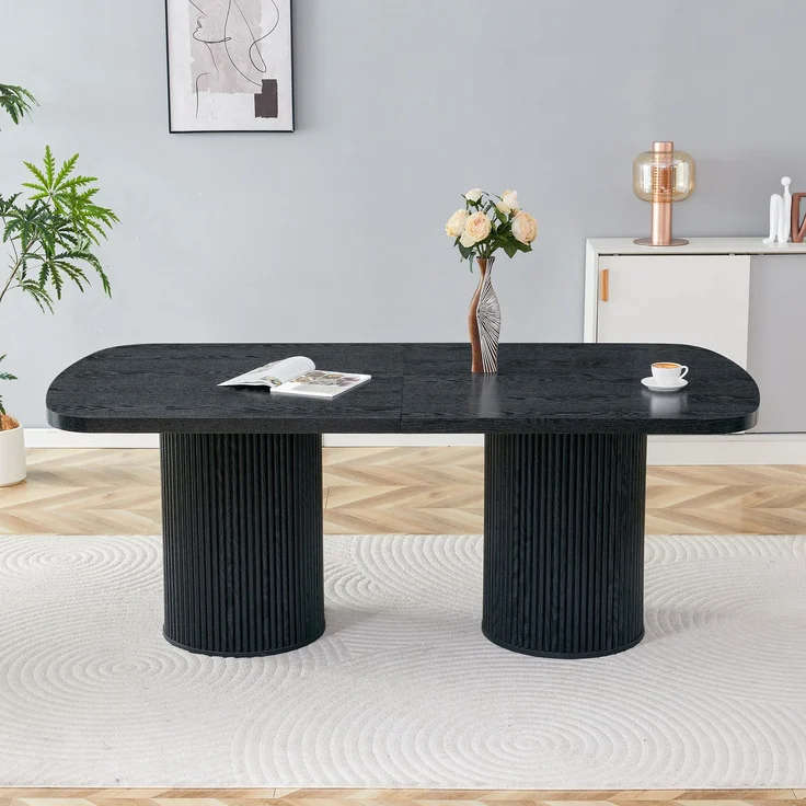 Esstisch 180x90x76 cm mit ovaler Tischplatte und geriffeltem Zylinderfuß, MDF in Schwarz – Bild 2