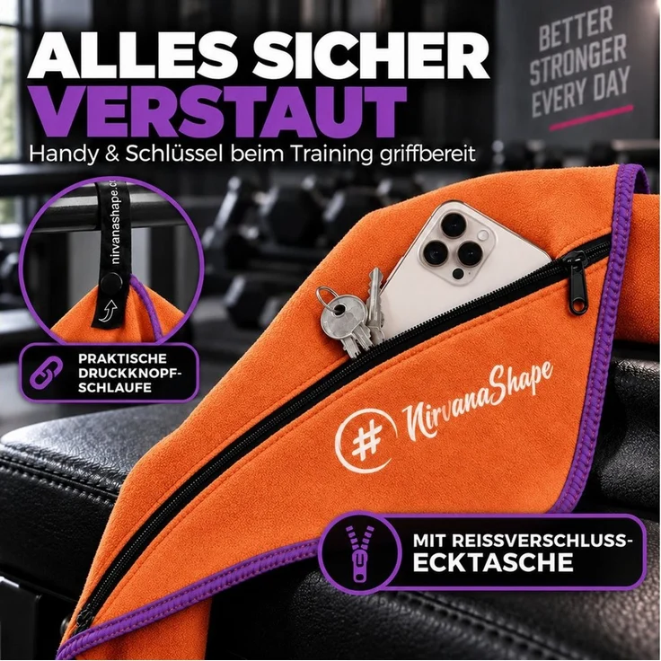 NirvanaShape Sporthandtuch NirvanaShape Mikrofaser Fitnesshandtuch mit Ecktasche und Knöpfen, saugfähig, leicht, schnelltrocknend, für Reisen, Fitness, Yoga, Sauna – Bild 3