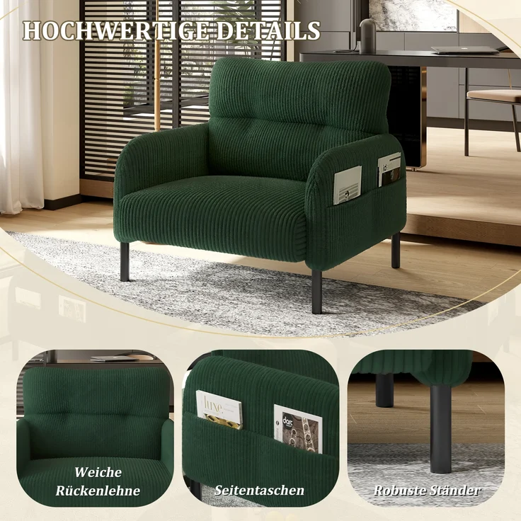 LVHOM Sessel mit Seitentaschen, Relaxsessel Cordstoff, Polstersessel Lehnstuhl Wohnzimmersessel mit Metallbeine – Bild 4