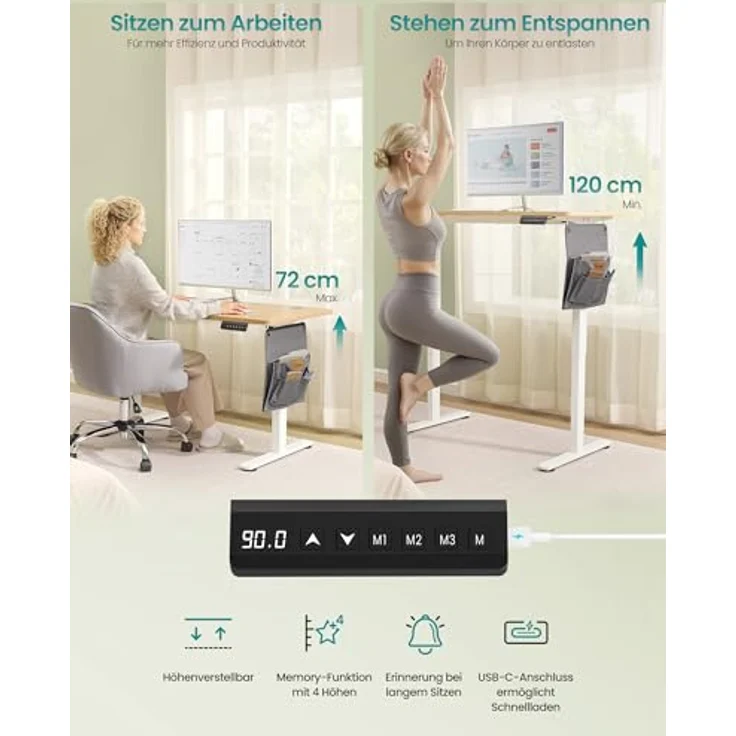 SONGMICS Höhenverstellbarer Schreibtisch elektrisch, 120x60 cm, Memory-Funktion mit 4 Höhen, USB-C-Anschluss, goldeichenfarben LSD132YA01 – Bild 5