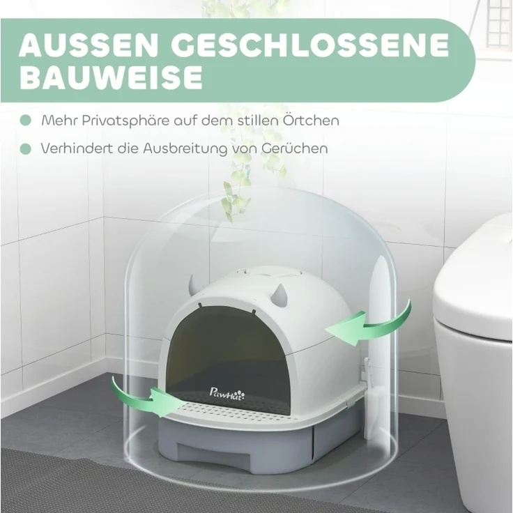 Katzentoilette aus Kunststoff mit Deckel, Schublade & Schaufel, 40,5x52x39 cm, Grau – Bild 4