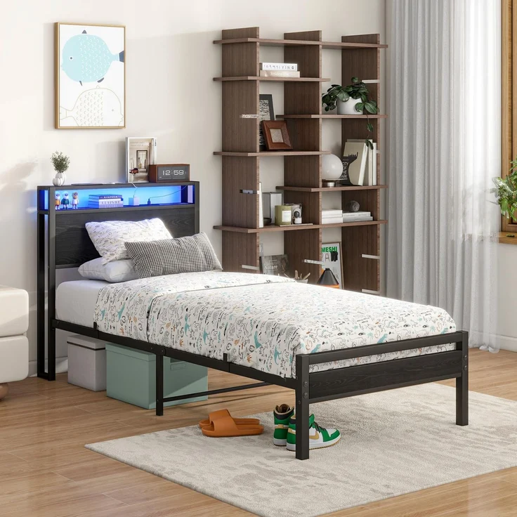 CHICFURN Bett 90x200 cm aus Metall und MDF mit Stauraum und USB-Ladefunktion Schwarz – Bild 3