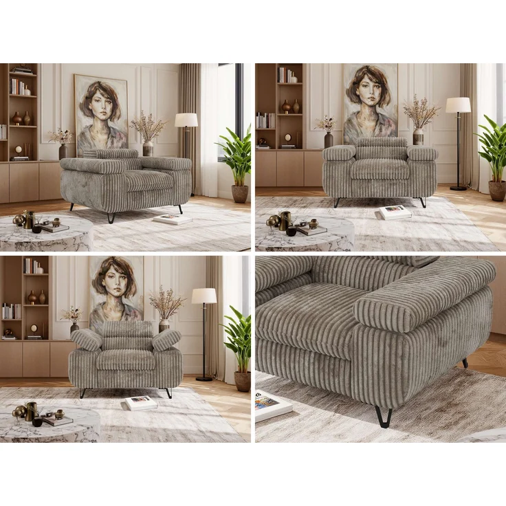 Einzelsessel, Polstersessel PETER mit verstellbaren Armlehnen und Kopfstütze, 1-Sitzer Sofa, Ohrensessel, Wellenfeder - Hellbraun Cord – Bild 2