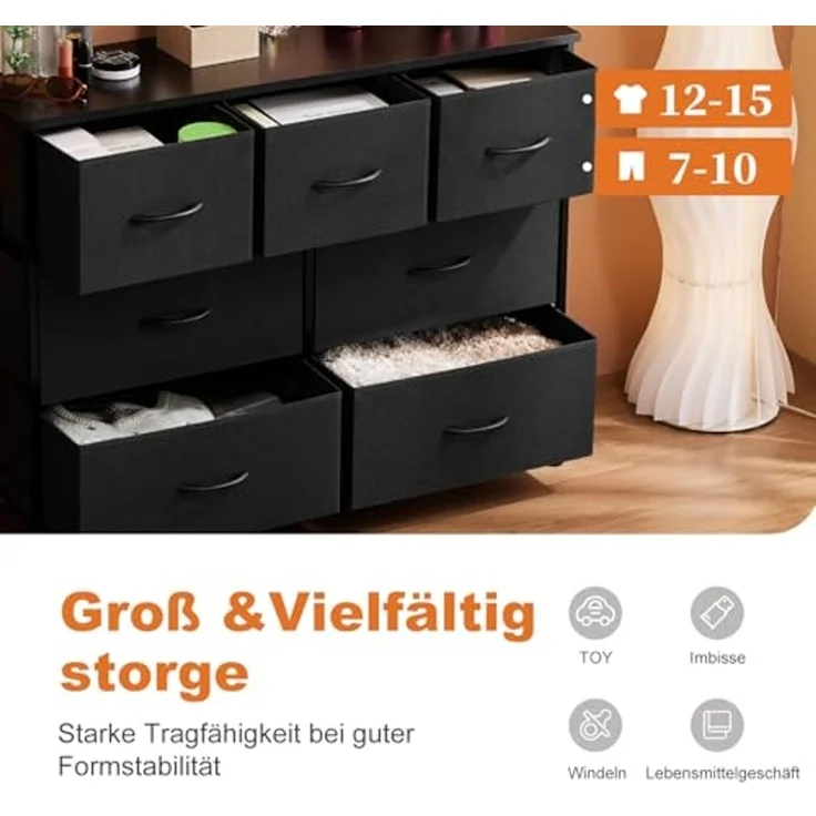 DUMOS Kommode für Schlafzimmer mit 7 Stoffschubladen, hohe Kommode Organizer für Kleidung, Schrank Kinderzimmer, Aufbewahrungsturm mit Schrank, Metallrahmen, Holzplatte, leichte Kinderzimmermöbel – Bild 3