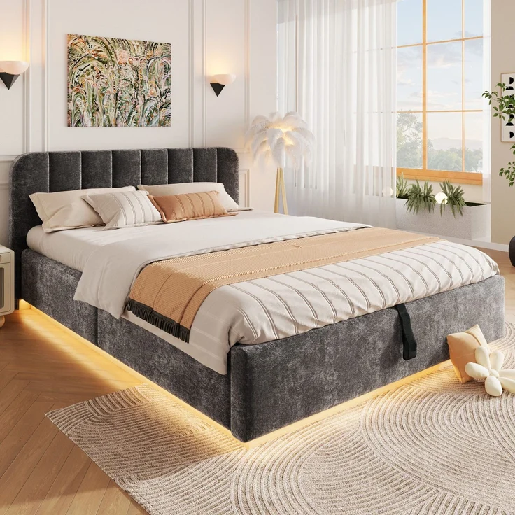 Polsterbett mit LED-Beleuchtung und Stauraum, 140x200 cm, gepolsterter Kopfteil, Stauraumbett, Chenille – Bild 3