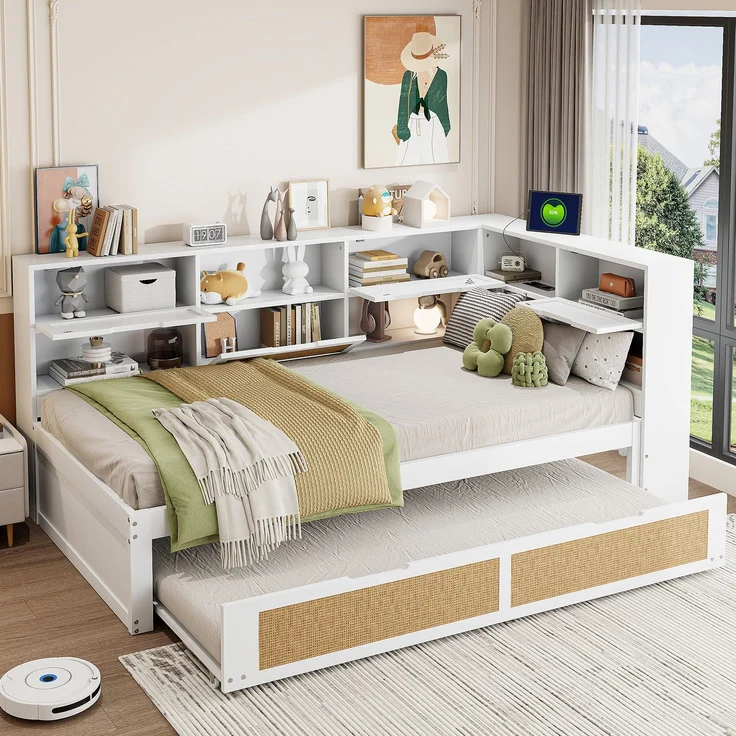 Multifunktionales Massivholz-Schlafsofa mit Ausziehbett 90x200 cm, Stauraum & USB-Anschlüssen, Gäste- & Tagesbett, Weiß – Bild 4
