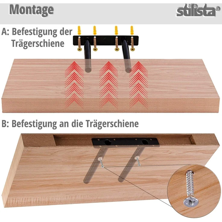 STILISTA® Wandregal Volato, freischwebend, Stärke 3,8cm, schadstoffgeprüft, Holzdekor-hell Rustikal, 110 cm – Bild 6